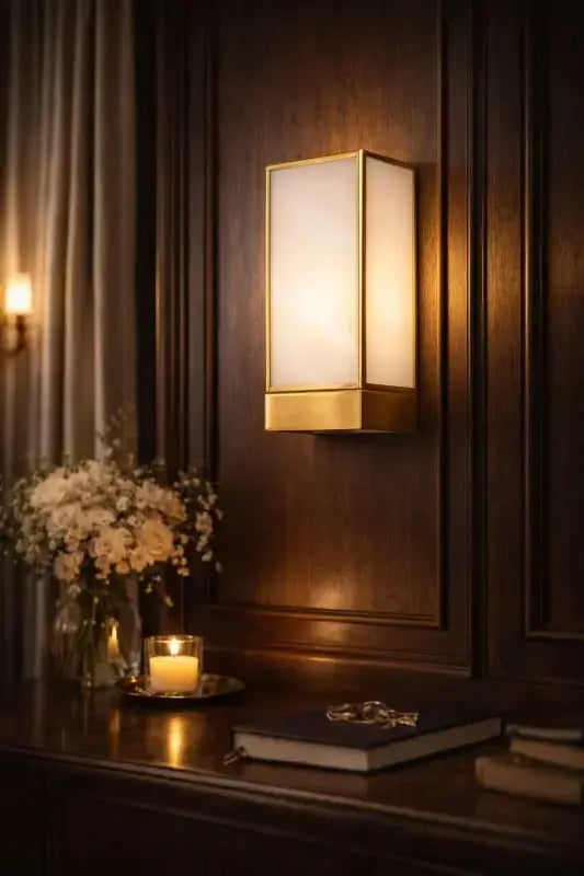 Decorative wall sconce on a wooden wall with a candle and flowers on a table below.