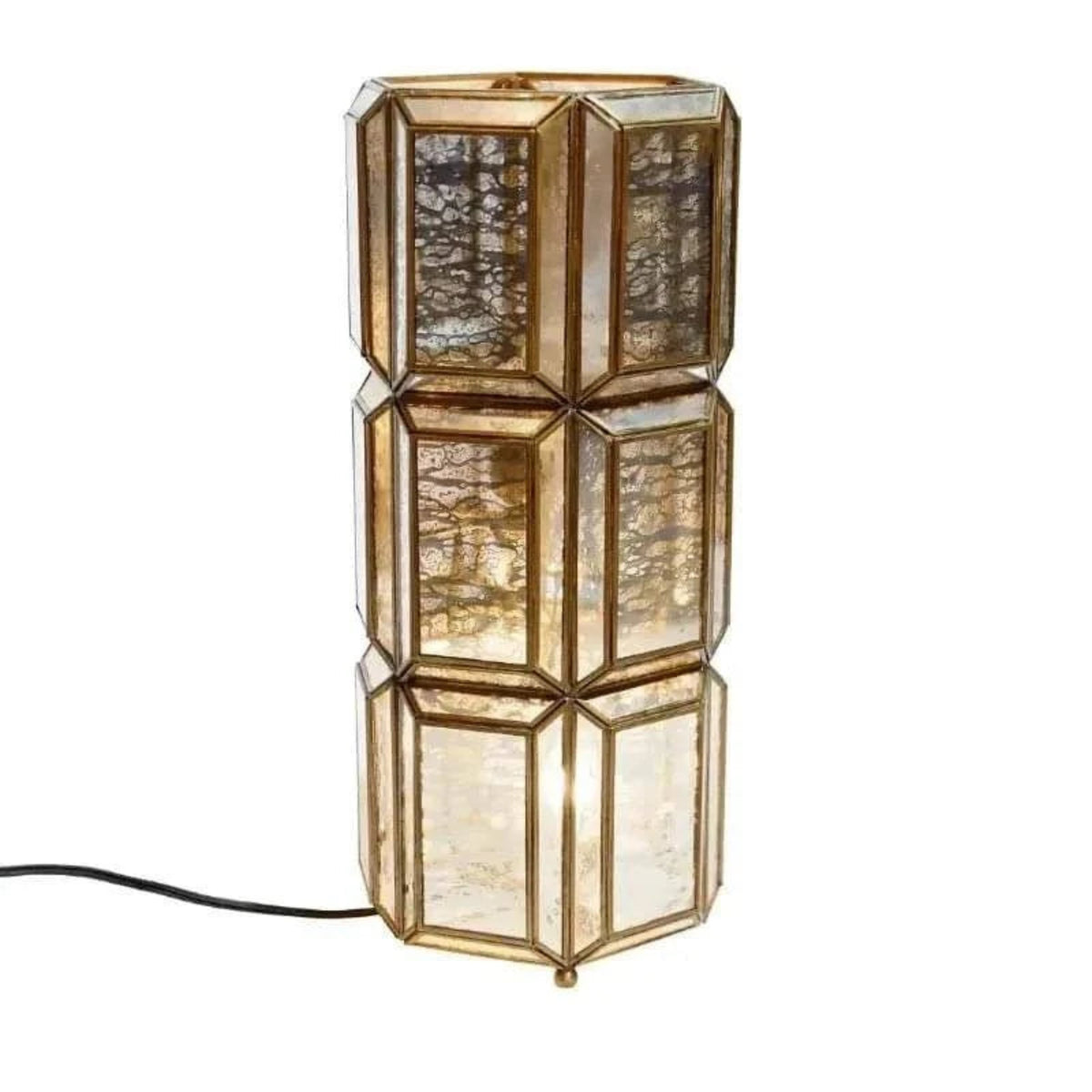 Antique Brass & Glass Table Lamp with textured embossed glass and geometric brass-finish frame for vintage living room decor