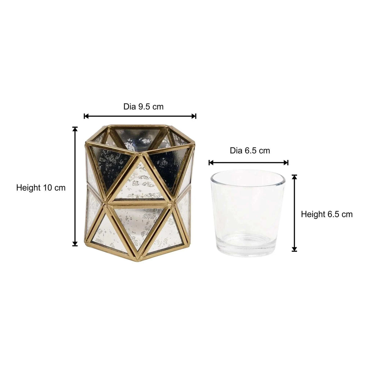 Diamond tealight candle holder with antique gold finish and triangle glass design