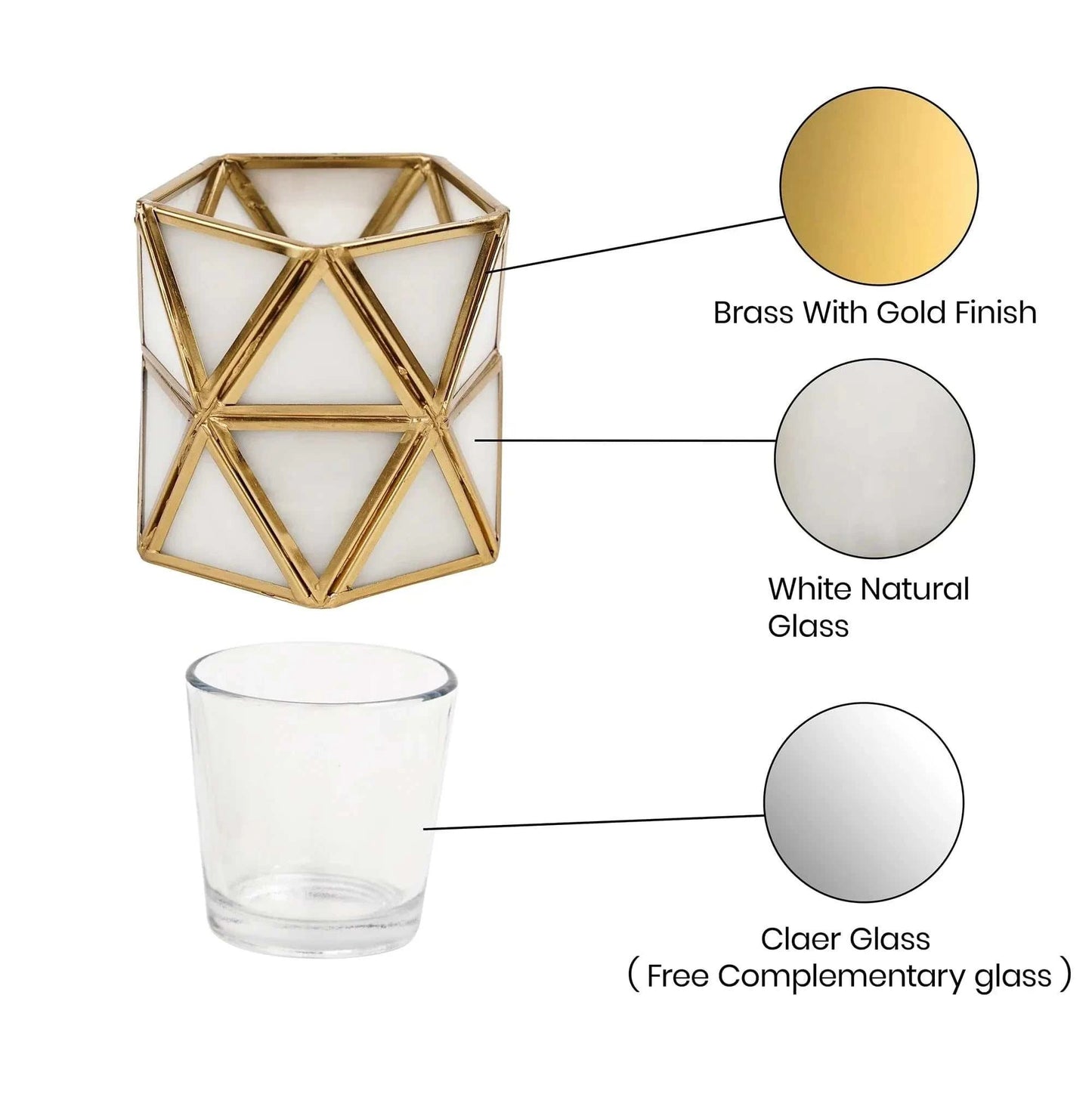 White diamond tealight candle holder made of triangle glass pieces with gold finish