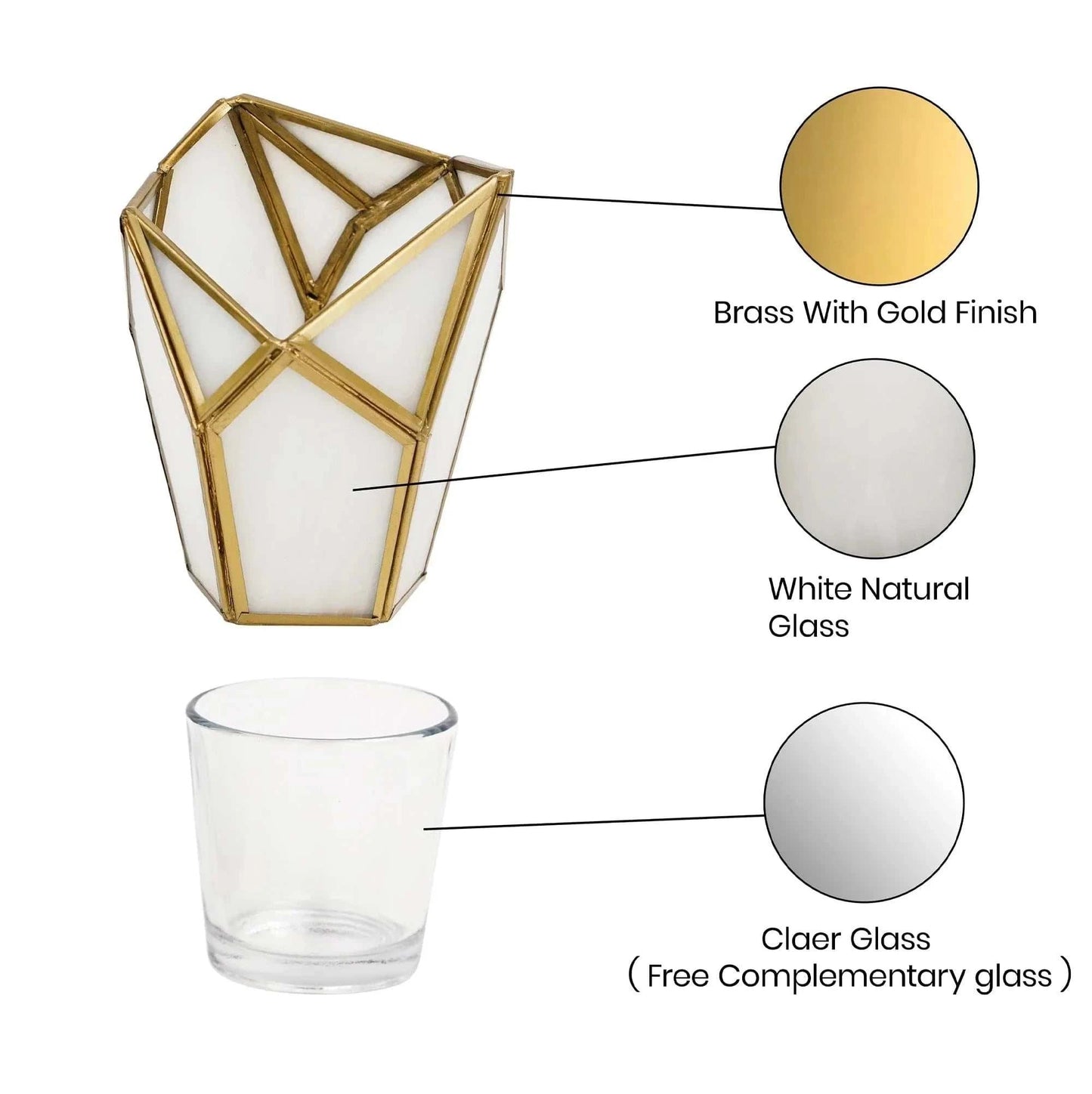 White geometric tealight candle holder with gold finish and irregular glass design