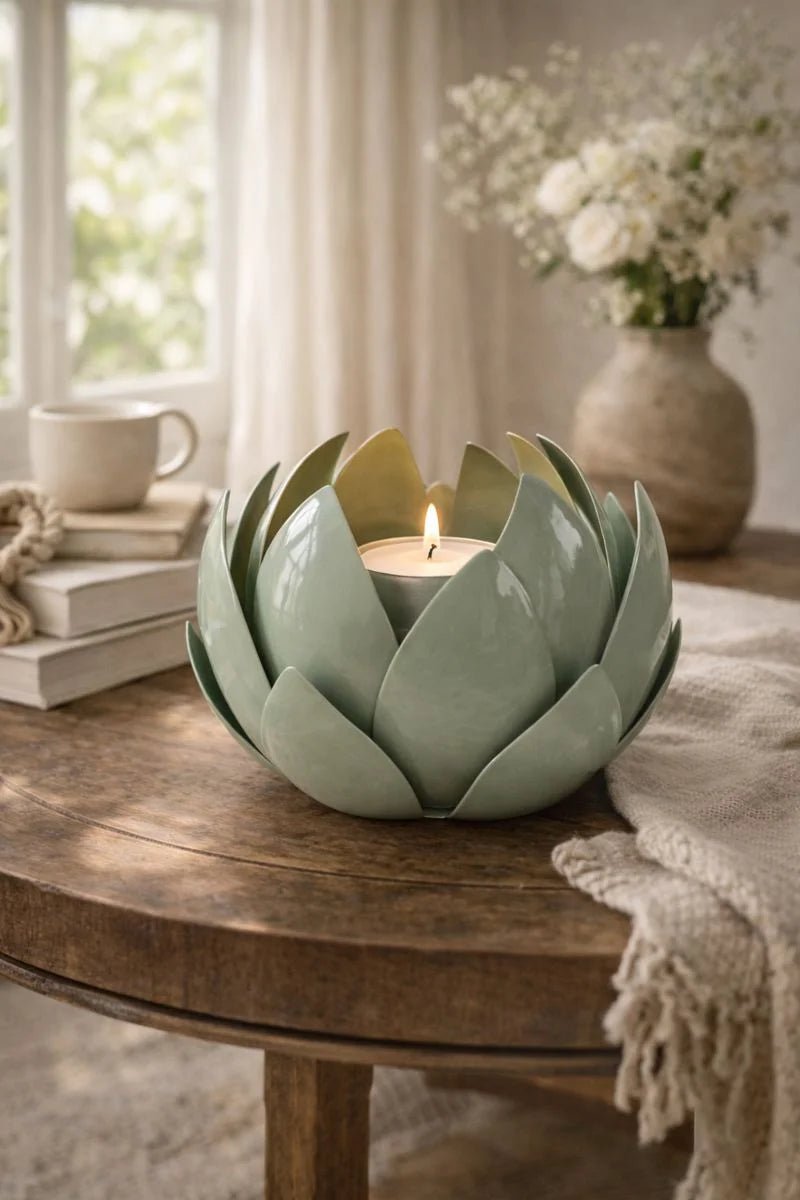 Green Metal Leaf Hurricane Candle