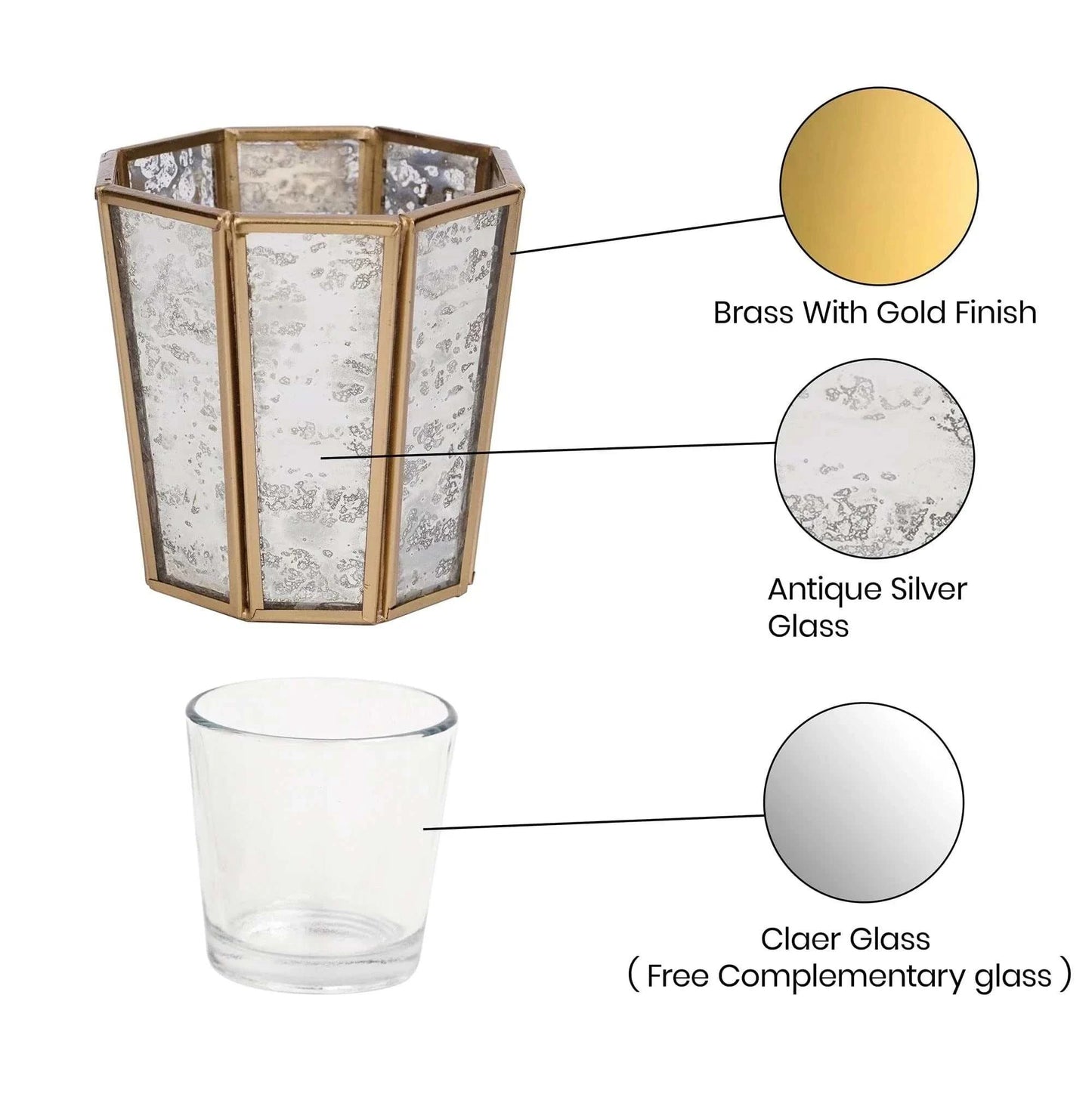 Hexa Linear Tealight Candle holder antique with gold finish and glass design