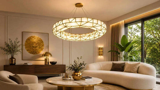 Modern Indian living room with luxury lighting fixtures showcasing elegant and contemporary design