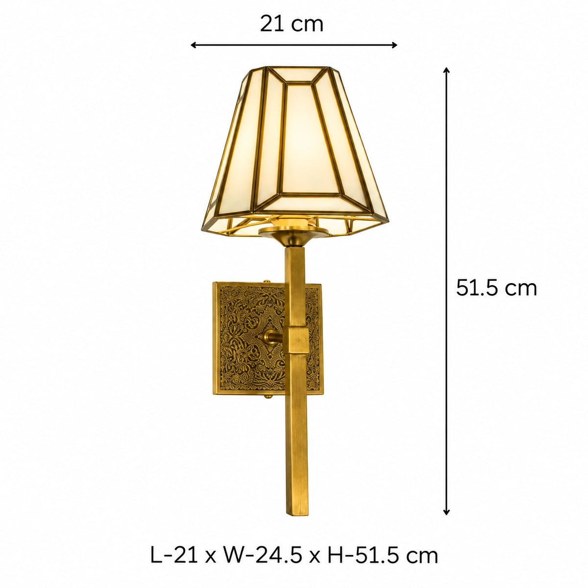 Antique Brass Geometric Wall Sconce by ILLUMEA featuring a geometric lantern-style glass shade, ornate brass backplate, and sophisticated vintage-inspired detailing