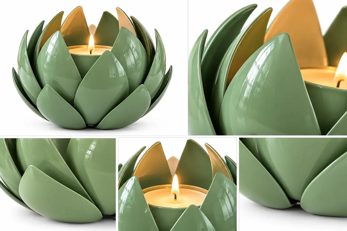 Elegant green candle adorned with shimmering green metal leaf, perfect for luxurious home decor and ambiance