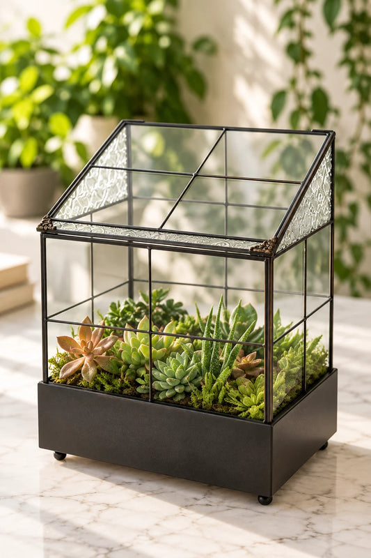 Elegant terrarium houseplant container showcasing lush greenery in a stylish, luxurious indoor garden setting
