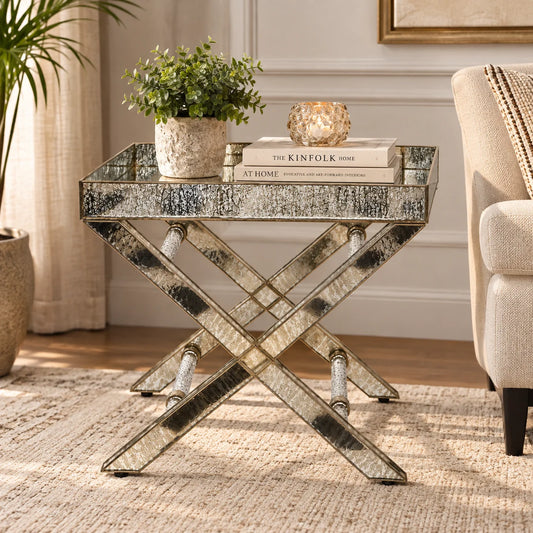 Antique Glass Butler Table with elegant brass and silver finish, designed as a luxury accent table for sophisticated interiors – ILLUMEA