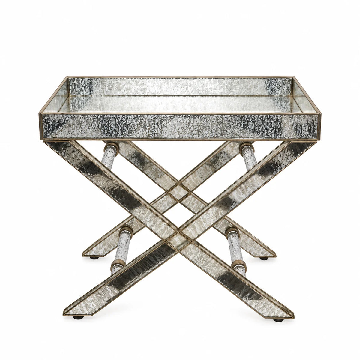 Luxury Antique Glass Butler Table featuring brass and silver detailing with a classic design for living rooms, bedrooms and lounges – ILLUMEA