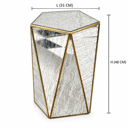 Antique Mirror Pentagon Stool – ILLUMEA decorative geometric stool featuring faceted distressed mirror glass, tapered sides and slim gold metal edging for luxury home décor
