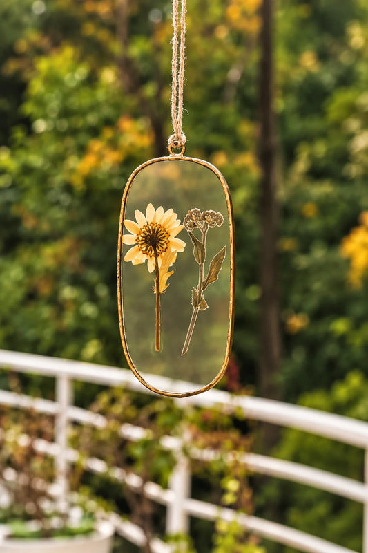 Arch Dried Flower Suncatcher Pendant with preserved flowers inside clear glass and a handcrafted metallic frame – ILLUMEA