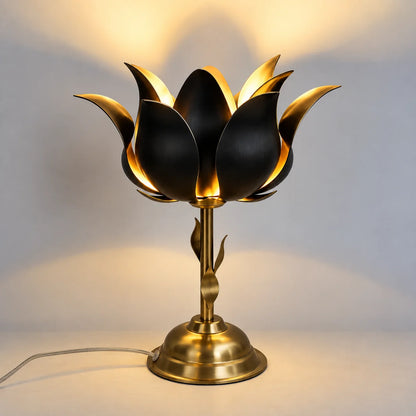 Designer Lotus Bloom Table Lamp featuring layered lotus petals, a sculptural stem and elegant metallic base for sophisticated home décor – ILLUMEA