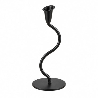 ILLUMEA Black Tealight Single Candle Holder – luxury minimalist metal candle stand with a sculptural S-shaped curved stem, flared candle cup and round base for stylish modern home décor