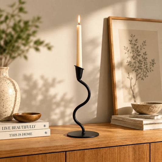 Black Tealight Single Candle Holder – ILLUMEA minimalist handcrafted metal candle stand with an elegant curved S-shaped stem and round base for modern home décor