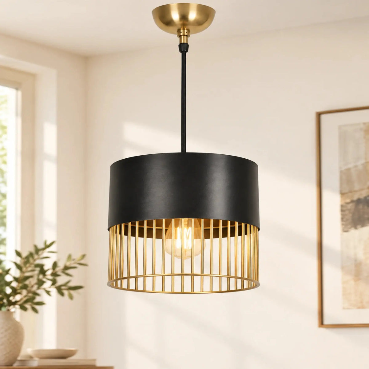 Black Wire Pendant Light with Gold Metal Cage and Cylindrical Shade for Modern Interior Décor | ILLUMEA