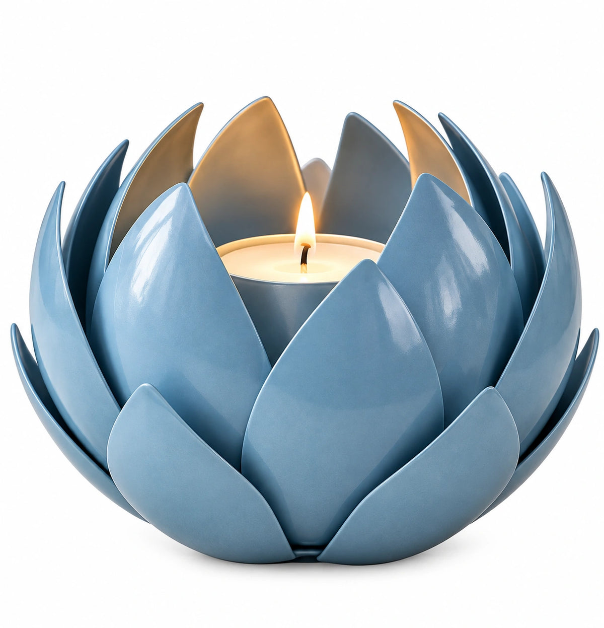 Blue lotus-shaped metal hurricane candle holder for elegant tabletop decoration