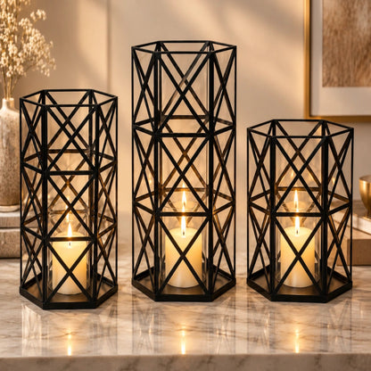 ILLUMEA Geometric Candle Holder Stand – black metal hurricane lantern with glass panels