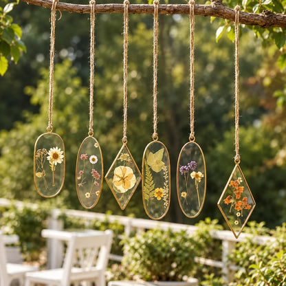 Elegant Pressed Flower Suncatcher Pendant featuring delicate dried botanicals and a handcrafted brass frame for window décor – ILLUMEA
