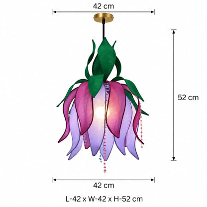 Decorative Purple Flower Pendant Light Featuring Layered Lotus Petals and Green Leaf Accents | ILLUMEA