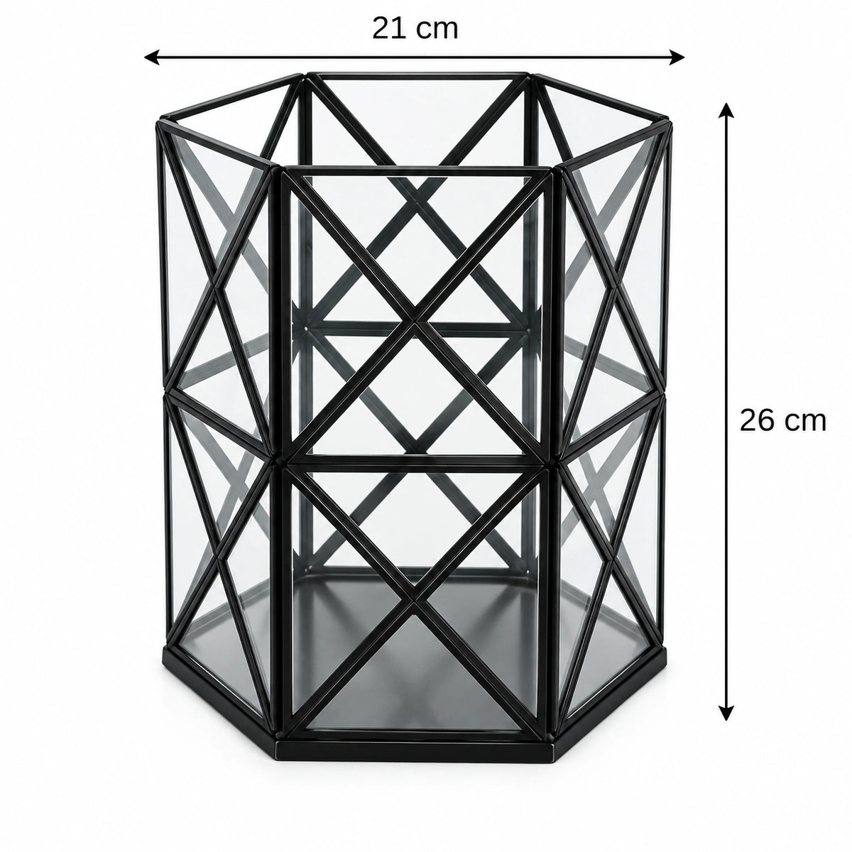 Modern black metal hurricane candle holder with geometric lattice design