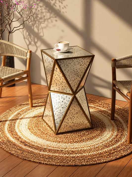 Geometric Square Diamond Table with faceted geometric panels and an elegant metallic frame for modern luxury interiors – ILLUMEA