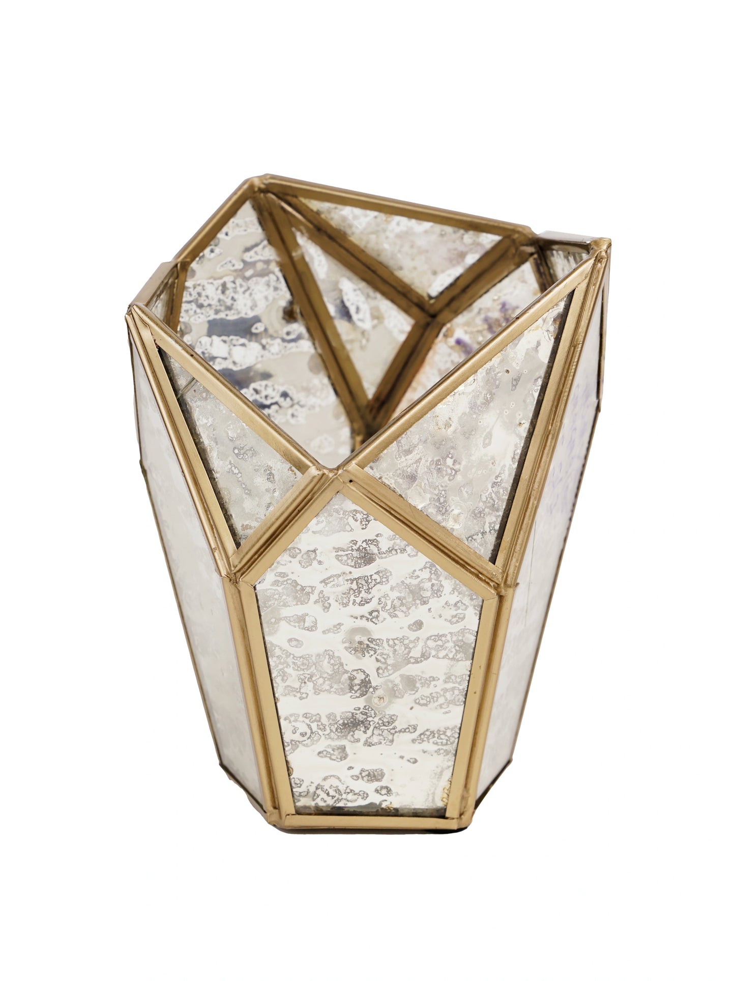 Elegant geometric tealight holder casting intricate shadows, perfect for modern home decor and ambient lighting.