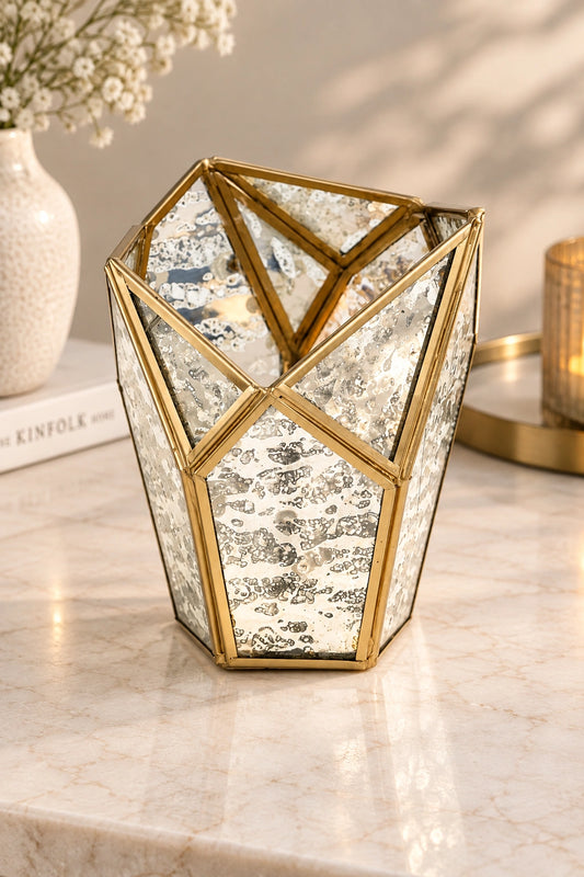 Geometric Tealight Candle Holder in Antique Gold Brass Finish with Antique Silver Glass Panels, Decorative Votive Holder for Home Décor – ILLUMEA