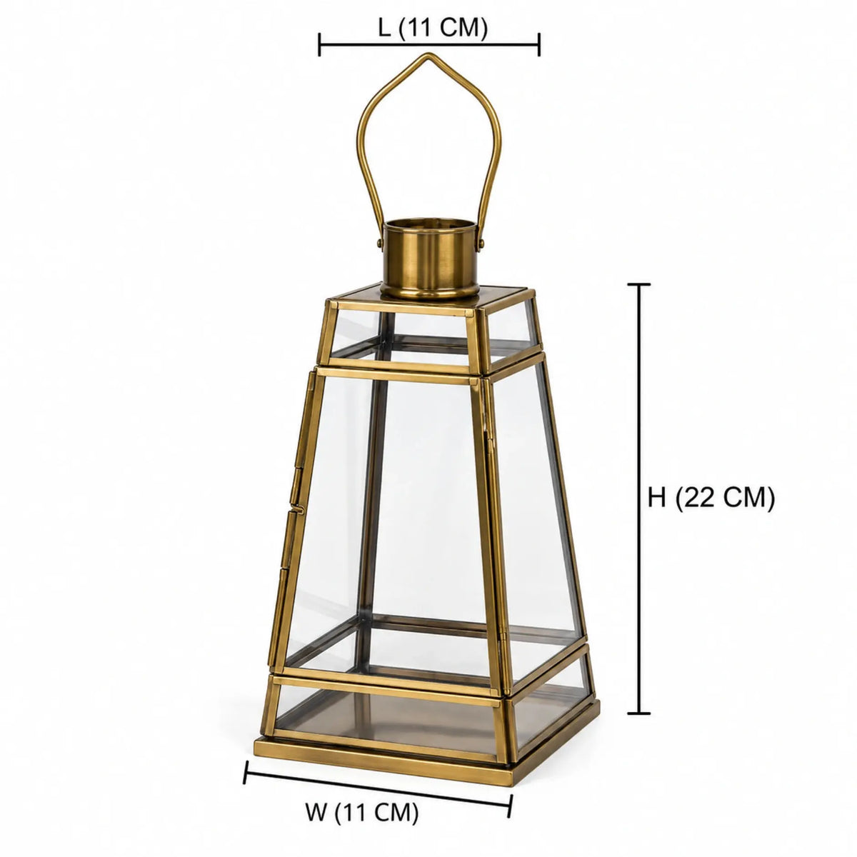 Antique Glass Hanging Lamp – ILLUMEA with brass framing, clear transparent glass and a curved hanging handle, creating a timeless decorative look for modern and classic interiors.