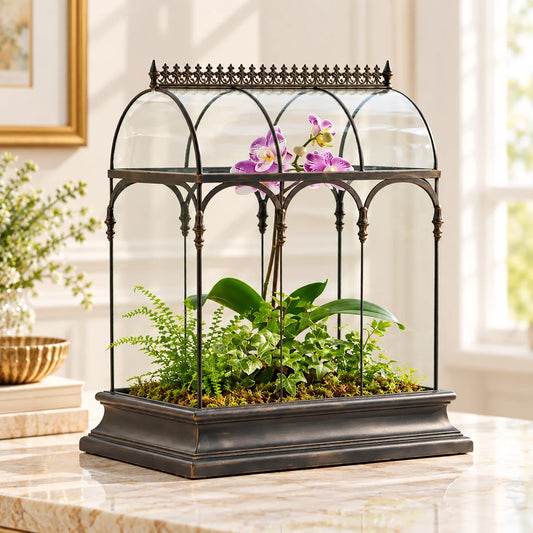 Luxury glass terrarium Wardian case planter showcasing elegant botanical display for sophisticated home décor