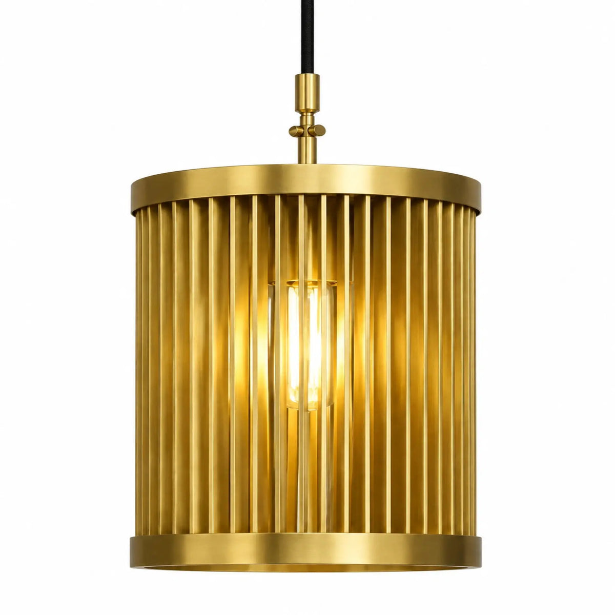 Modern Gold Iron Pendant Light Featuring a Vertical Strip Cage Design for Dining Rooms, Kitchens, and Living Spaces | ILLUMEA