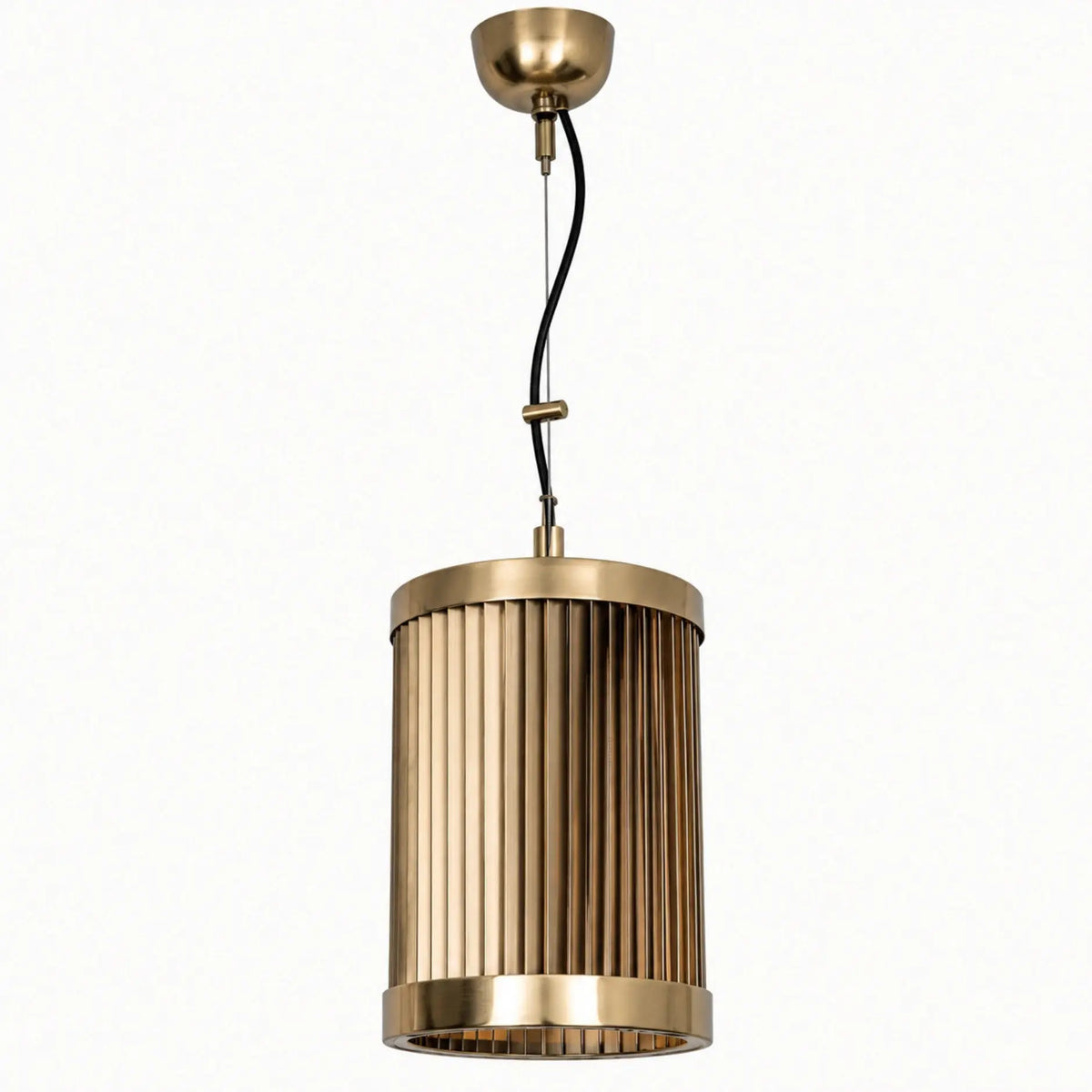 Modern Gold Metal Wire Pendant Light with Vertical Slatted Shade for Dining Rooms, Kitchens, and Living Spaces | ILLUMEA