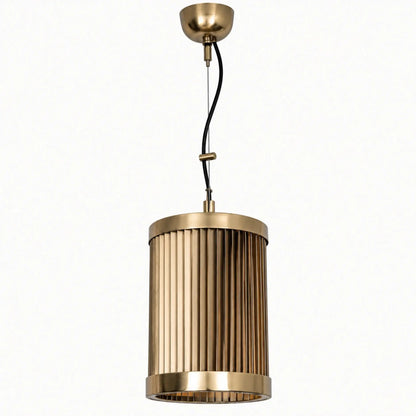 Modern Gold Metal Wire Pendant Light with Vertical Slatted Shade for Dining Rooms, Kitchens, and Living Spaces | ILLUMEA