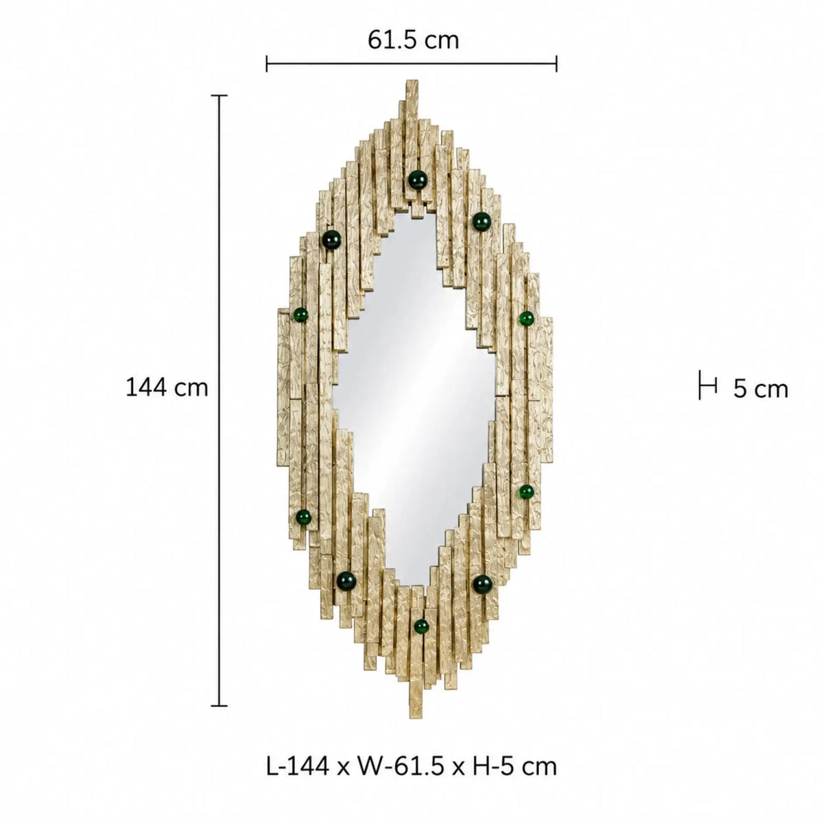 Designer Gold Wall Mirror – ILLUMEA statement mirror featuring an elongated geometric silhouette, layered cast metal strips with textured detailing and emerald green decorative accents