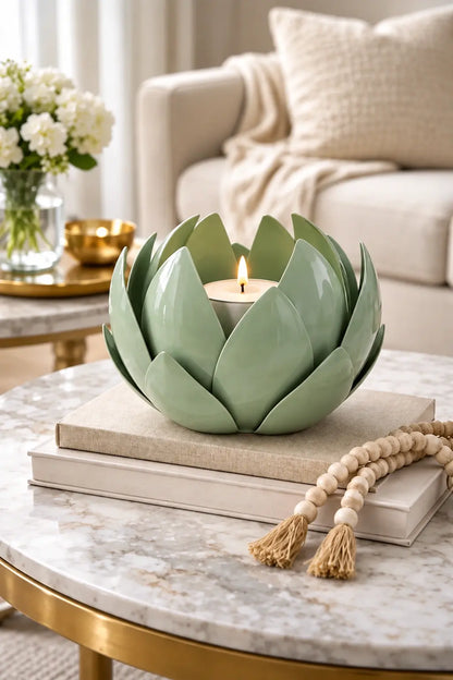 Green Metal Leaf Candle Holder – ILLUMEA luxury decorative candle holder with layered lotus-inspired leaf design for elegant home décor