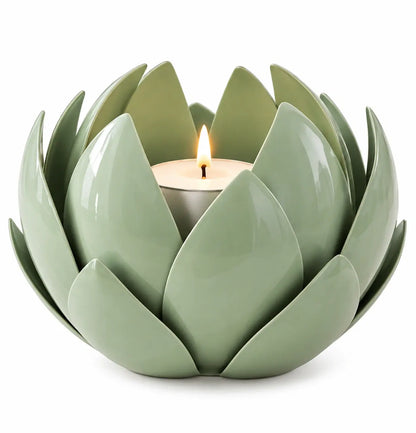 Handcrafted Green Metal Leaf Candle Holder – ILLUMEA decorative tea light candle holder with botanical lotus design for living room and table décor
