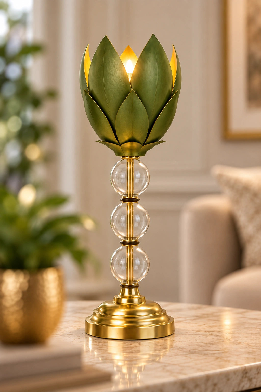 ILLUMEA green leaf table lamp with glass spheres, designed for living rooms, bedrooms, consoles, side tables and luxury décor