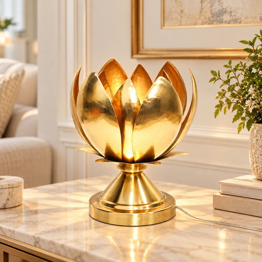 Hammerd Leaf Table Lamp showcasing luxury craftsmanship with intricate hammered leaf design and elegant lighting
