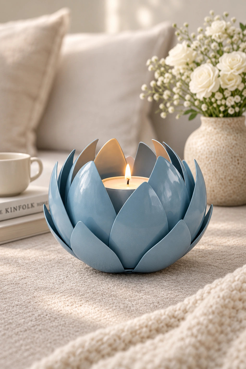 ILLUMEA Blue Lotus Metal Leaf Hurricane candle holder for luxury home décor