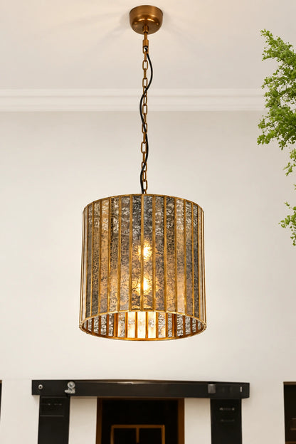 ILLUMEA Linear Shade Antique Pendant Light with an elegant antique brass frame and textured glass shade for luxury interiors