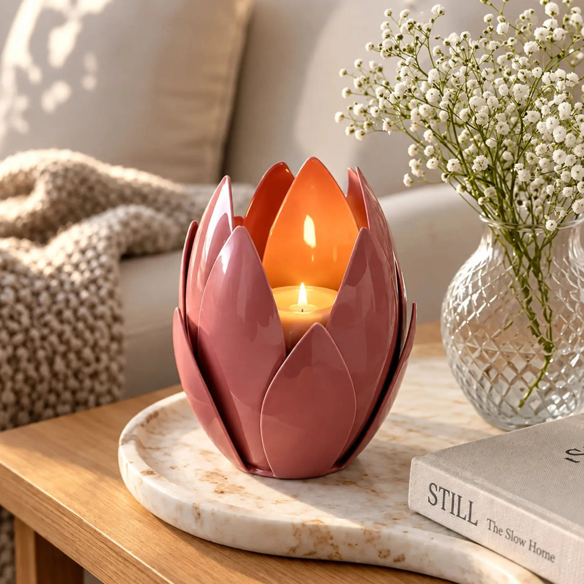 ILLUMEA Metal Leaf Tealight Candle Holder with a layered lotus-inspired design for elegant home décor