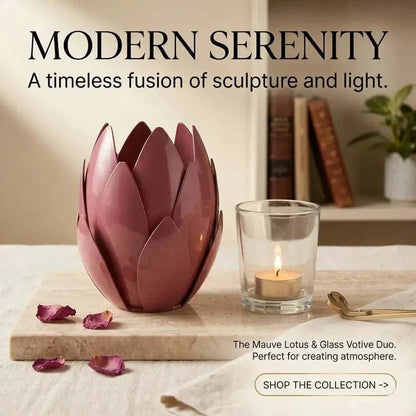Luxury pink metal tealight candle holder with sculptural leaf design by ILLUMEA for tables, consoles and decorative displays