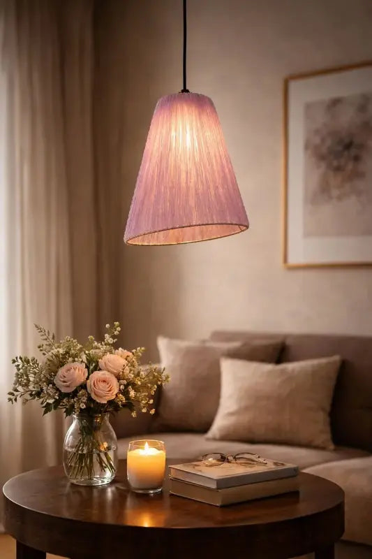 Cozy living room with a pink pendant lamp, flowers, and a candle on a table.