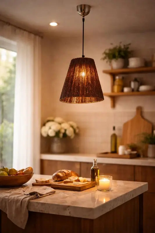 Kitchen counter with a candle, bread, and fruit, illuminated by a hanging pendant light.