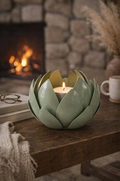 Ceramic artichoke-shaped candle holder with a lit candle on a wooden surface in front of a fireplace.