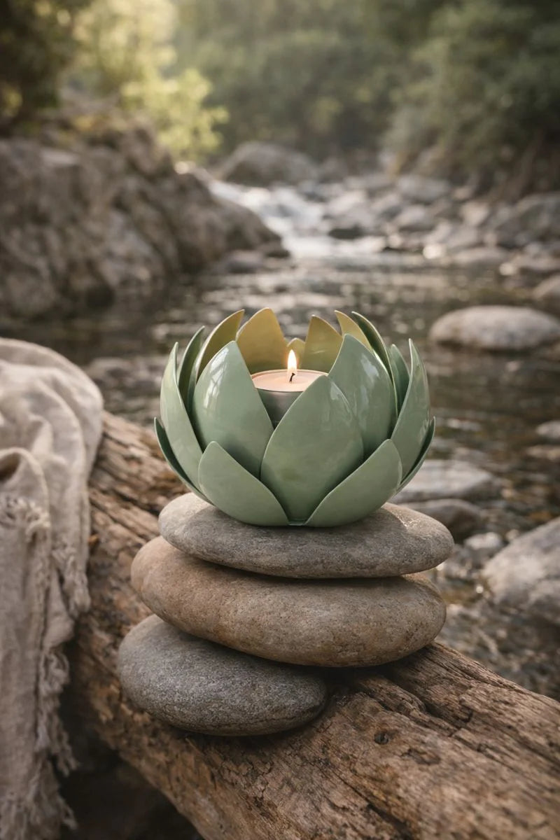 Candle holder shaped like a succulent plant on stacked stones by a stream