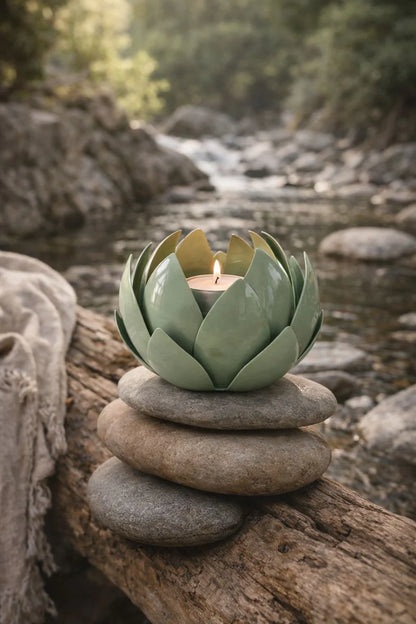 Candle holder shaped like a succulent plant on stacked stones by a stream
