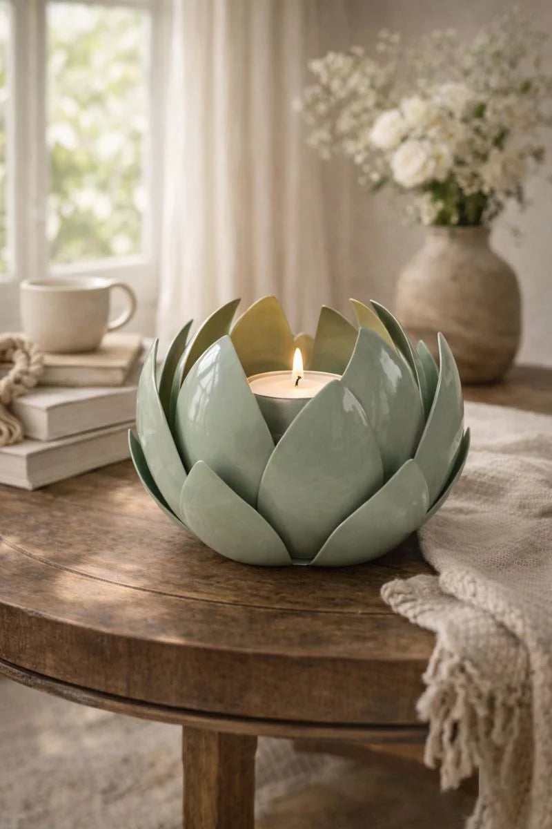 Light green ceramic artichoke-shaped candle holder with a lit candle on a wooden table.