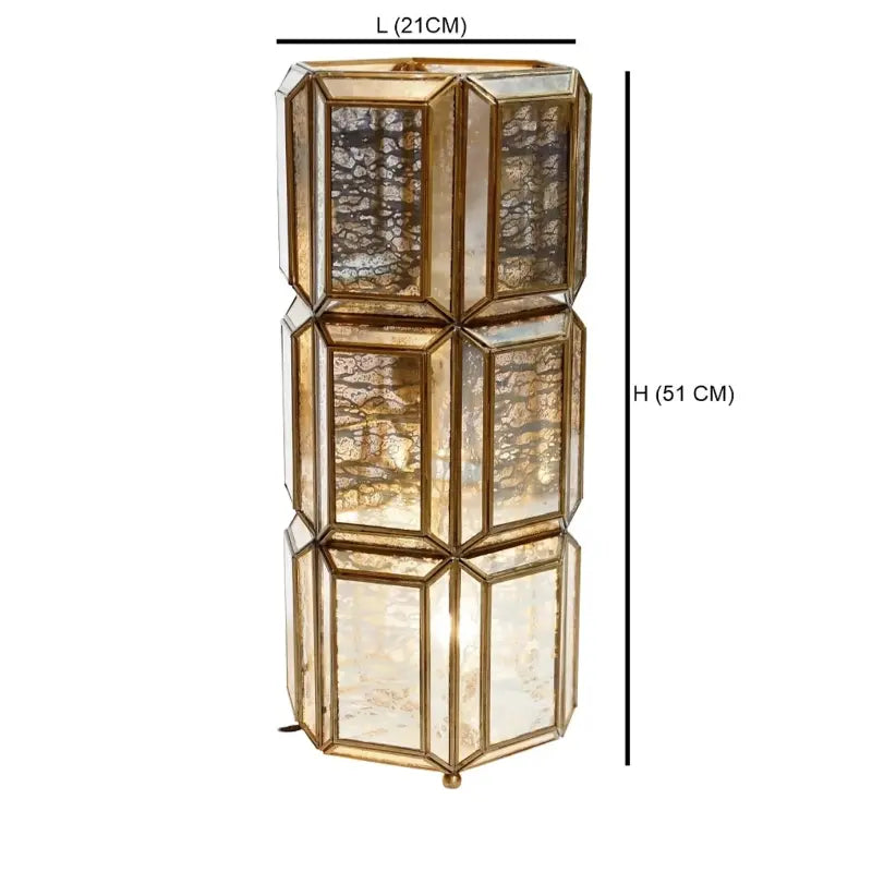Decorative lamp with geometric design and measurements on a white background