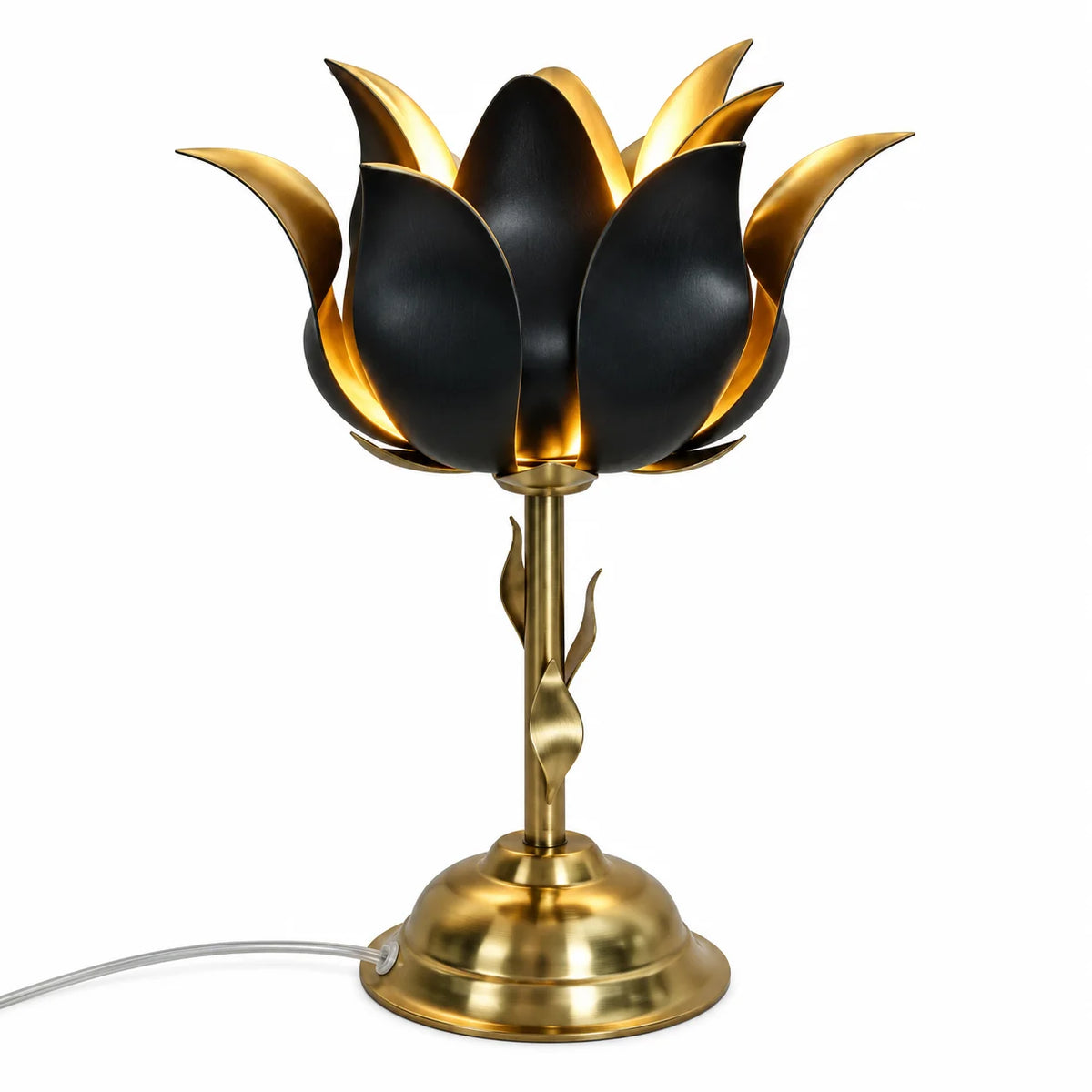 Designer Lotus Bloom Table Lamp with black metal petals, golden interiors and a decorative floral stem, perfect for living rooms, bedrooms and consoles – ILLUMEA