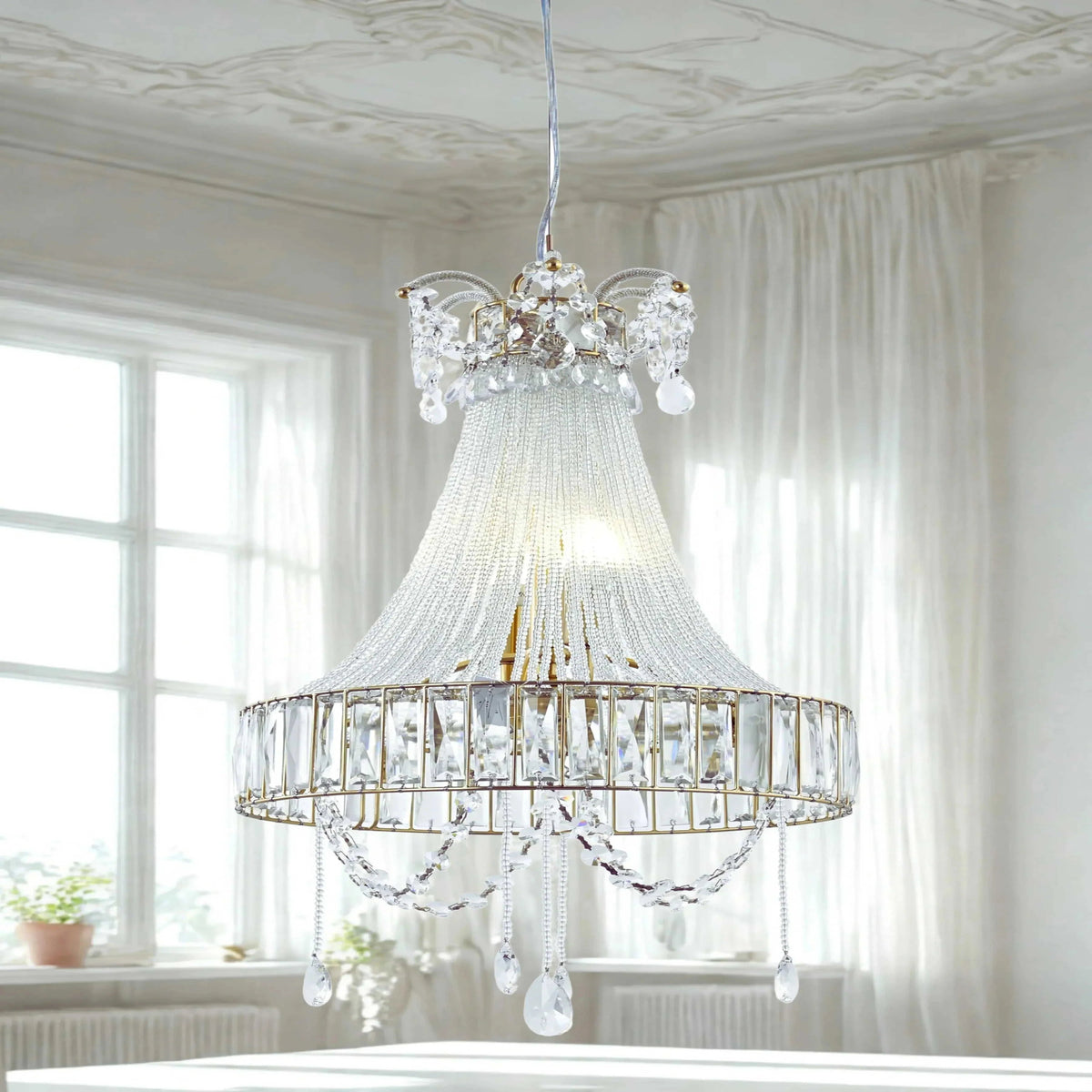 Royale Crystal Glass Chandelier with cascading crystal beads and fluted glass body by Illumea